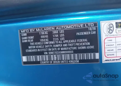 2021 Mclaren Gt Coupe z USA, uszkodzony, nr VIN SBM22GCA5MW000988